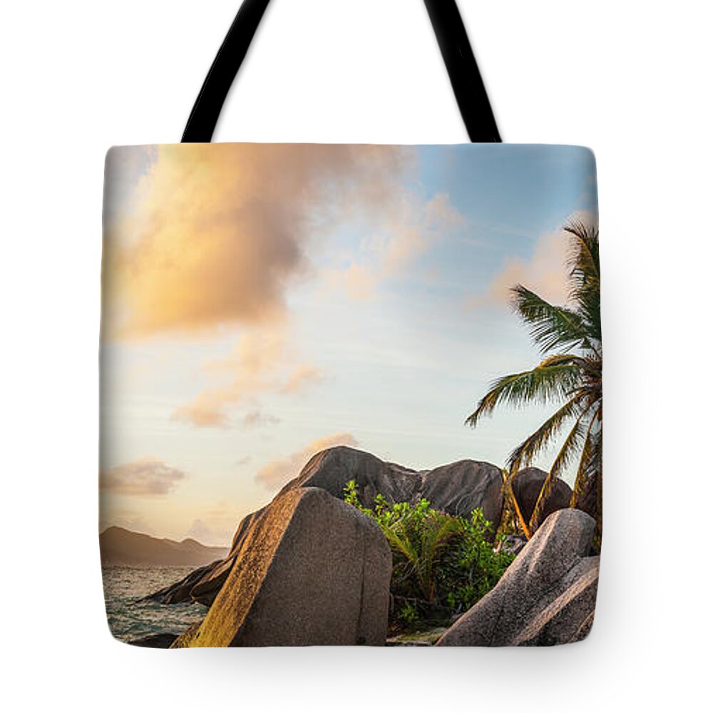 Tropical Rainforest Tote Bag featuring the photograph Idyllic Tropical Island Sunset Over by Fotovoyager