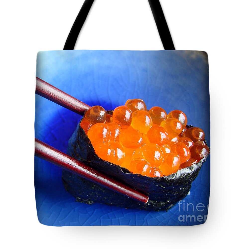 Sushi Tote Bag featuring the photograph Ikura, salmon eggs sushi by Delphimages Photo Creations