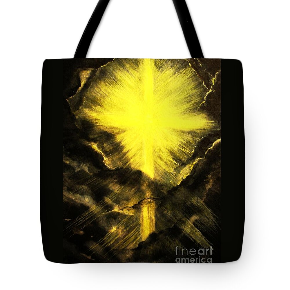 Cross Of Light Tote Bag featuring the painting I'll Carry You Through by Hazel Holland