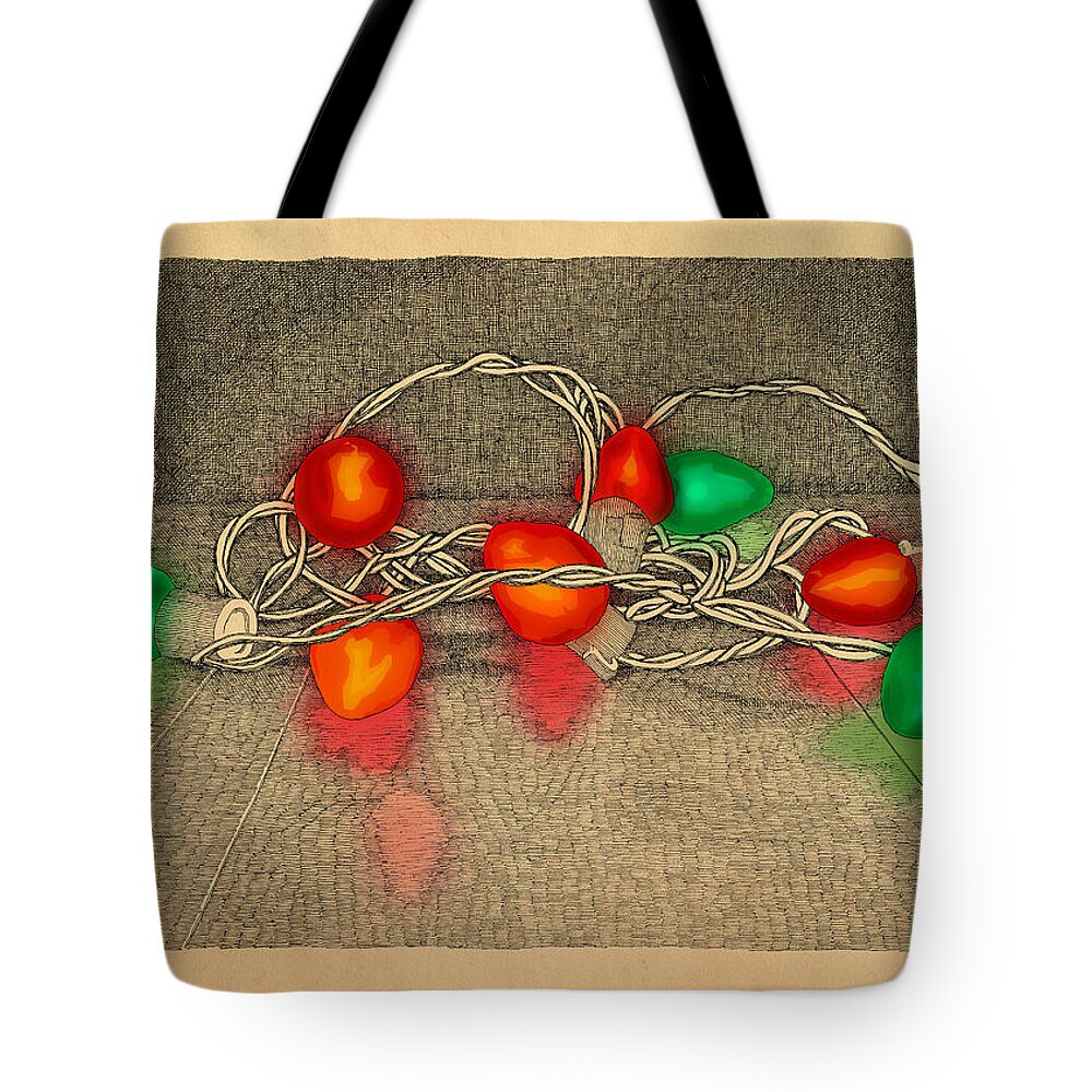 Lights Red Green Holiday Christmas Tote Bag featuring the drawing Illumination Variation #4 by Meg Shearer