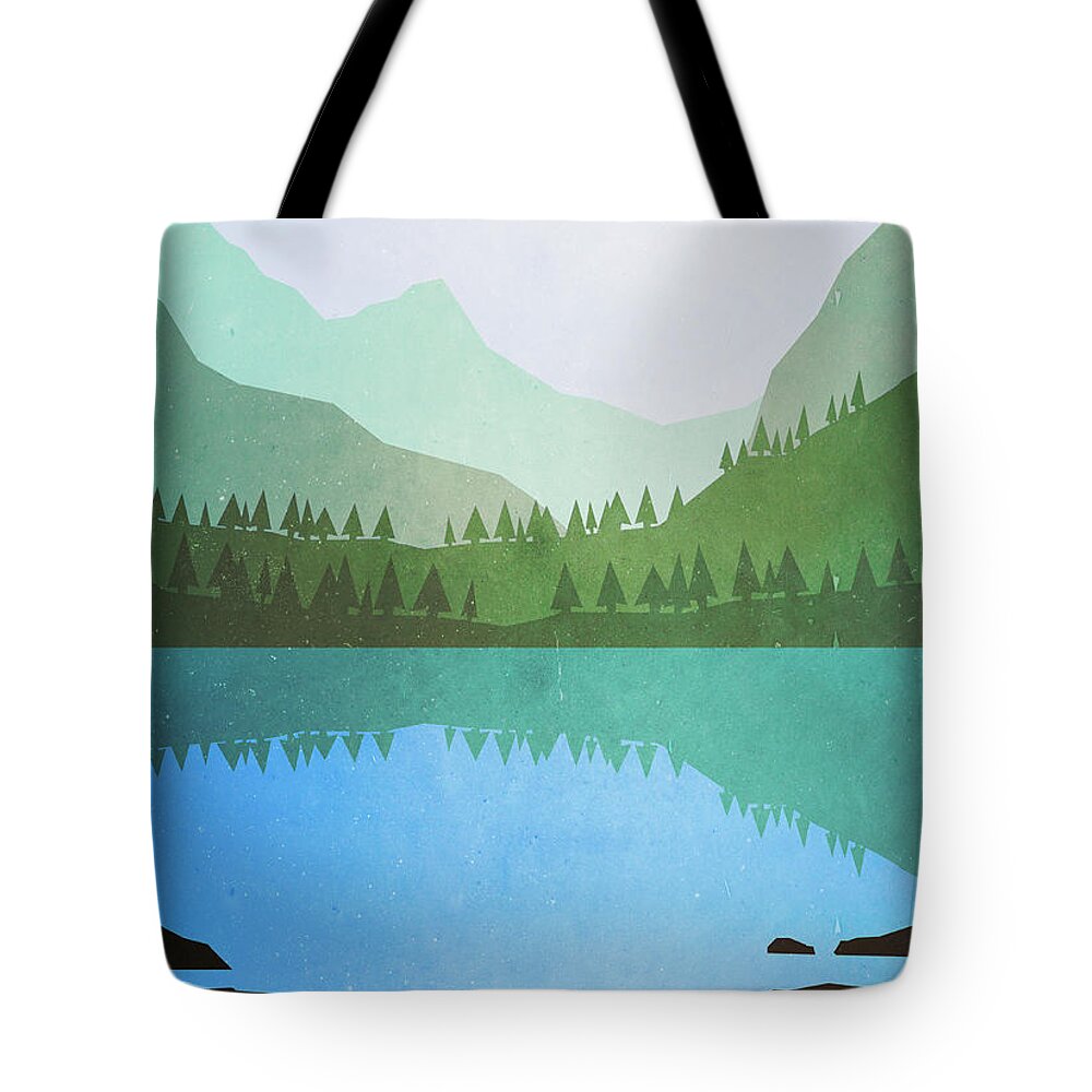 Tranquility Tote Bag featuring the digital art Illustrative Image Of Lake And Mountains by Malte Mueller