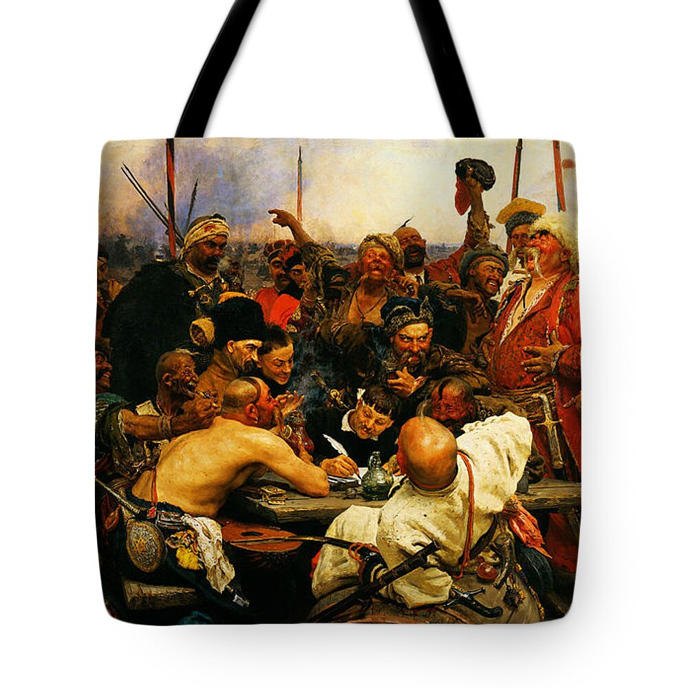 Ilya Repin 3 Reply Of The Zaporozhian Cossacks To Sultan Mehmed Iv Of Ottoman Empire1 Tote Bag featuring the painting Ilya Repin 3 Reply Of The Zaporozhian Cossacks To Sultan Mehmed Iv Of Ottoman Empire1 by MotionAge Designs
