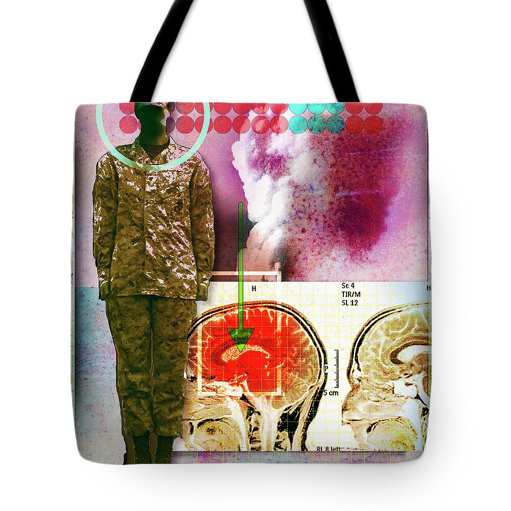 Accessory Tote Bag featuring the photograph Image Of Inflamed Brain Next To Soldier by Ikon Ikon Images