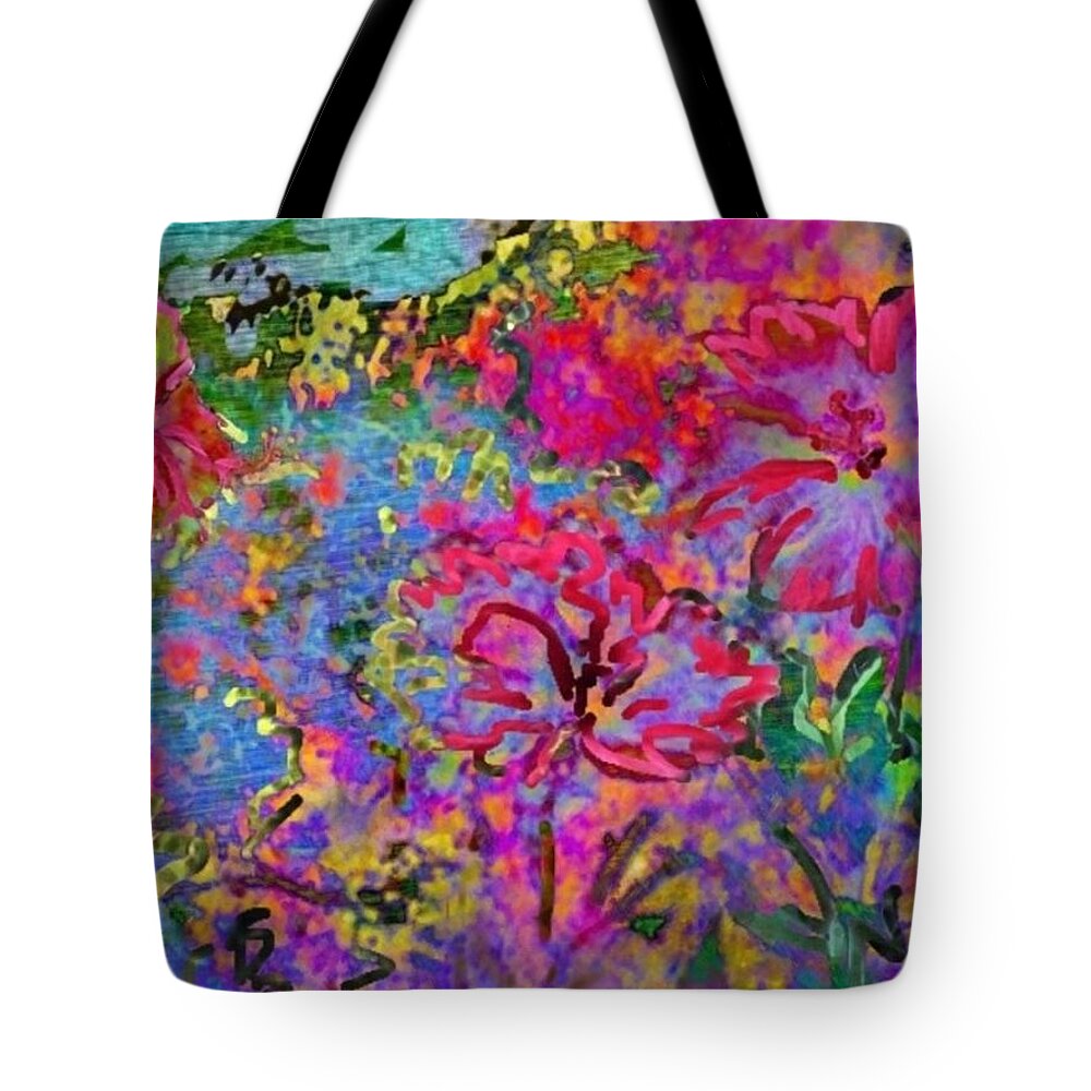 Sharkcrossing Tote Bag featuring the digital art V Impressionistic Magenta Hibiscus - Vertical by Lyn Voytershark