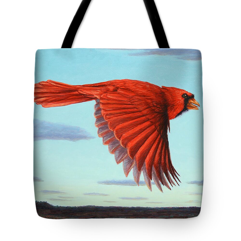 Cardinal Tote Bag featuring the painting In Flight by James W Johnson