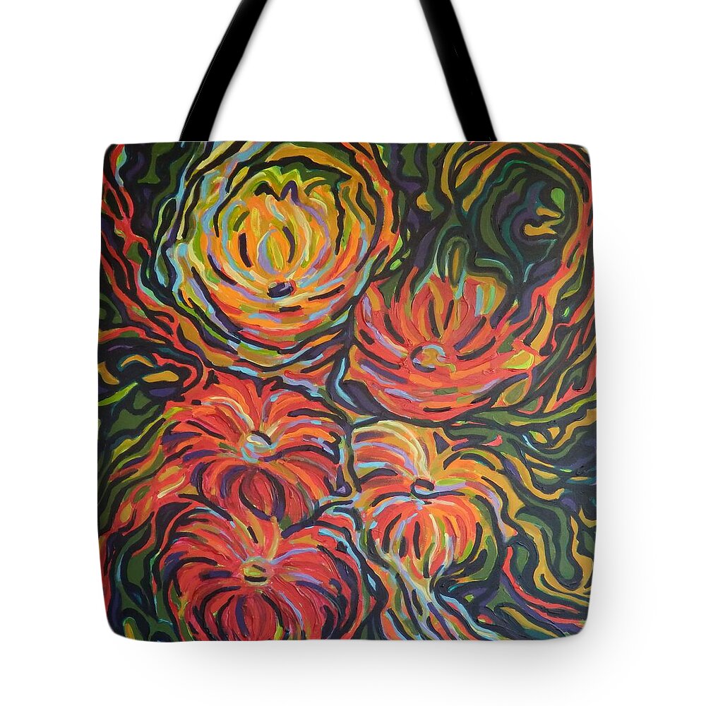 Zinnias Tote Bag featuring the painting In full bloom by Zofia Kijak