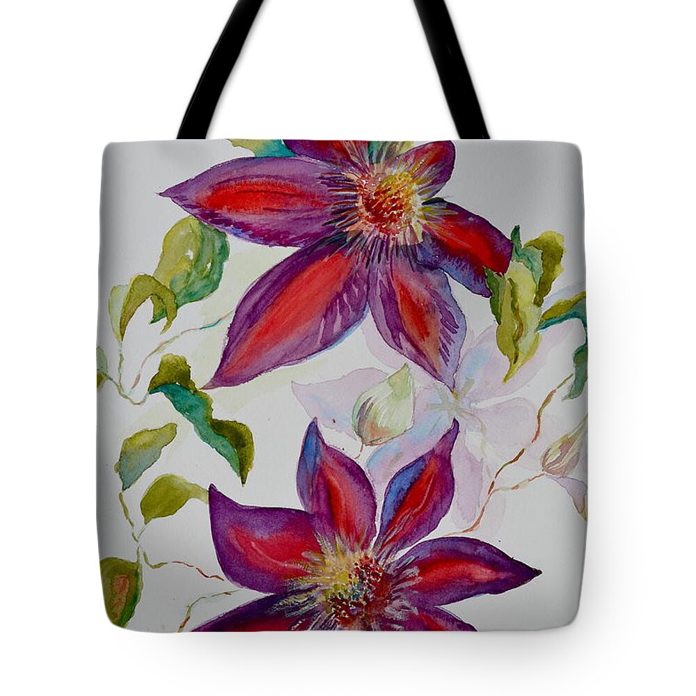 Clematis Tote Bag featuring the painting In Grandpa's Garden by Beverley Harper Tinsley