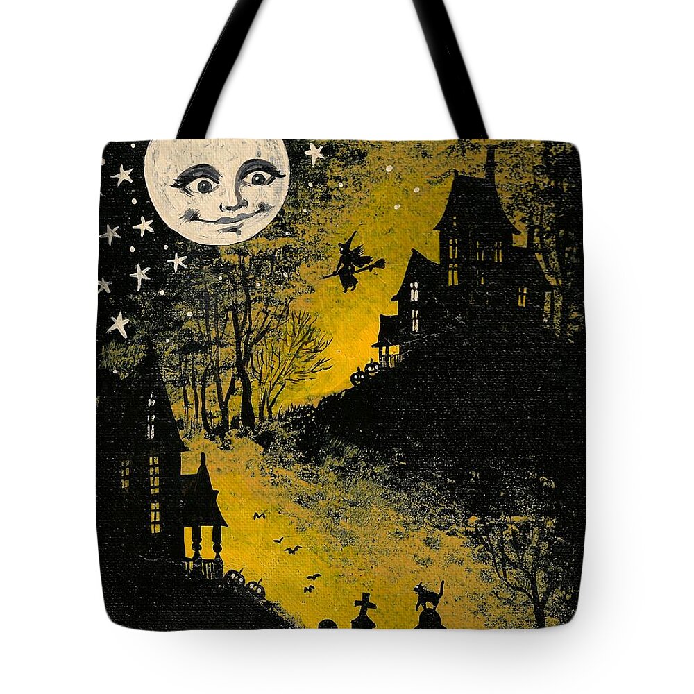 Print Tote Bag featuring the painting In the Halloween Moonlight by Margaryta Yermolayeva