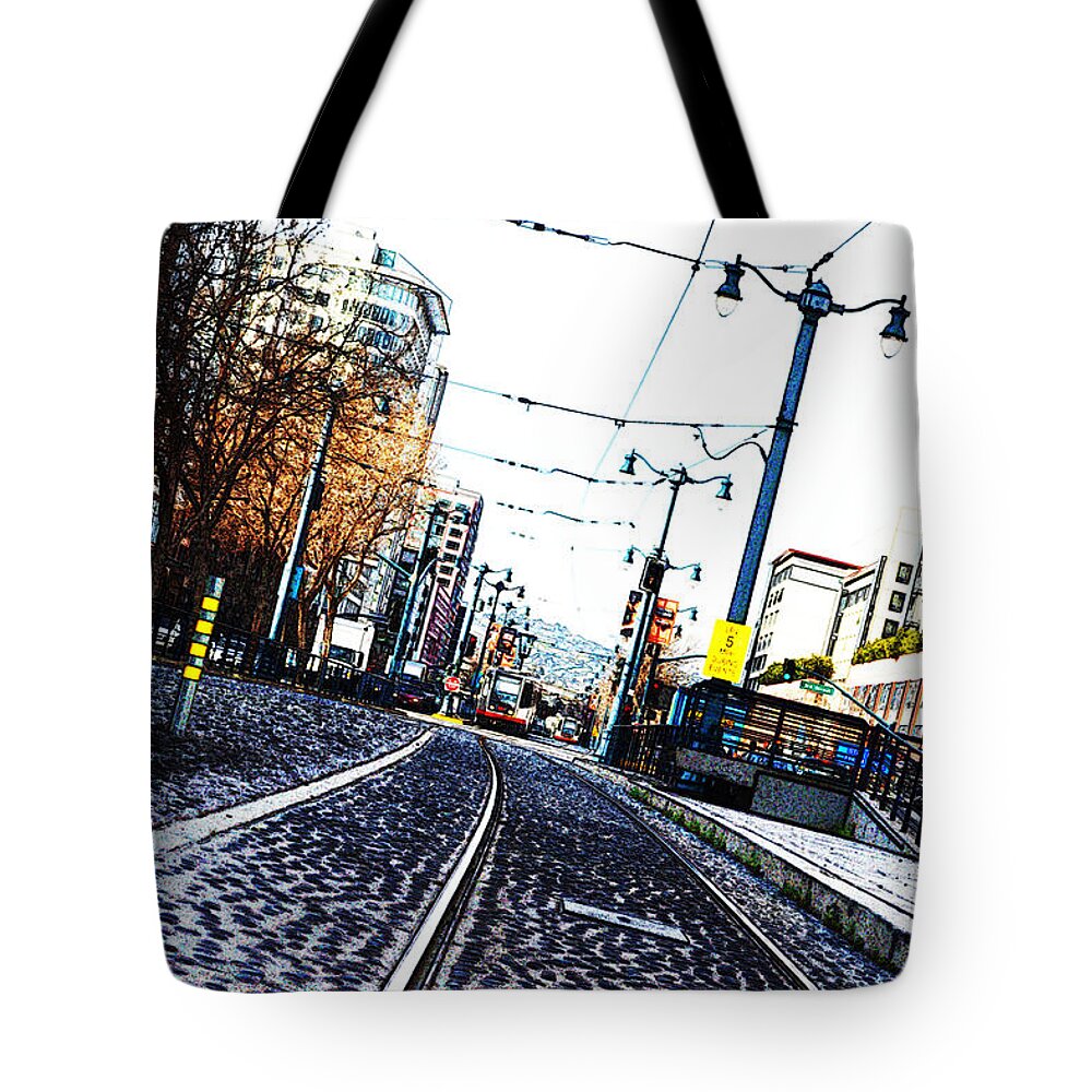 Street Tote Bag featuring the photograph In The Path of A Cable Car by Holly Blunkall