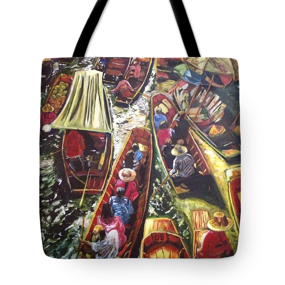 Thailand Tote Bag featuring the painting In the Same Boat by Belinda Low