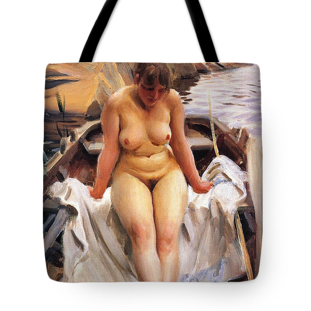 In Werner's Rowing Boat Tote Bag featuring the digital art In Werners Rowing Boat by Anders Zorn