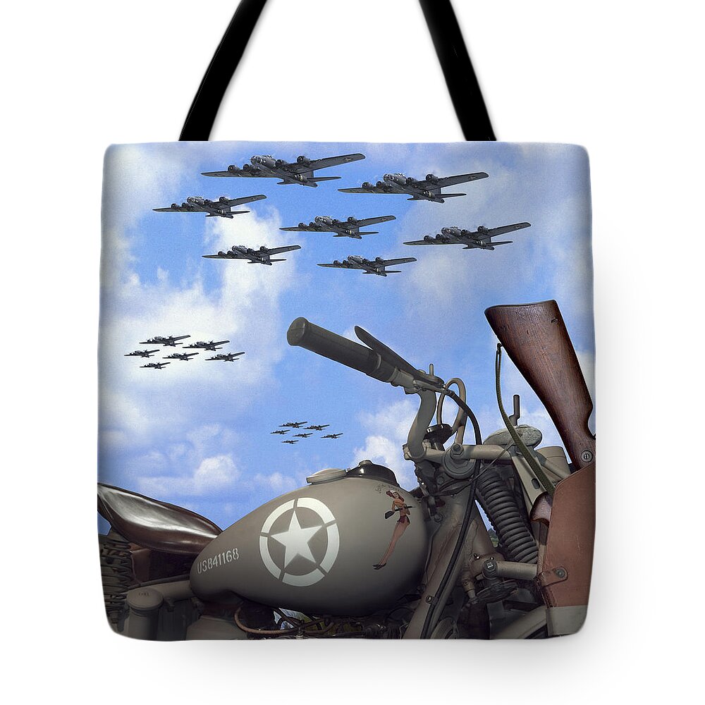 Ww2 Tote Bag featuring the photograph Indian 841 And The B-17 Bomber SQ by Mike McGlothlen