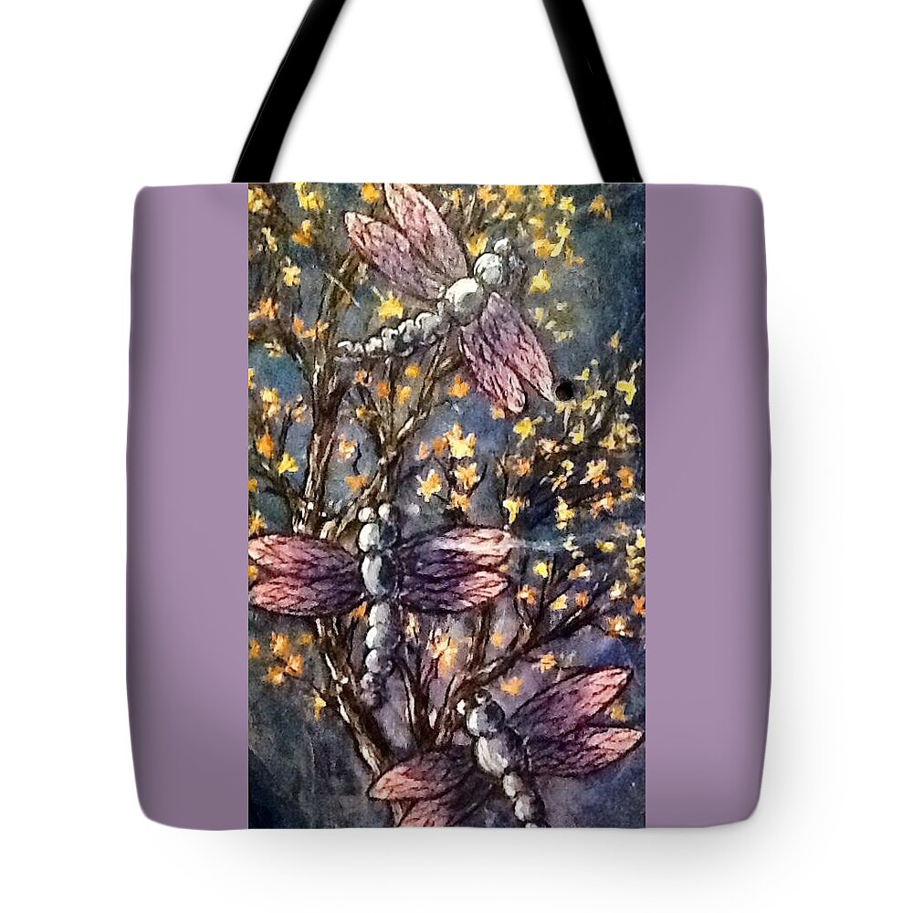 Dragonflies Tote Bag featuring the painting Indigo dragons by Megan Walsh