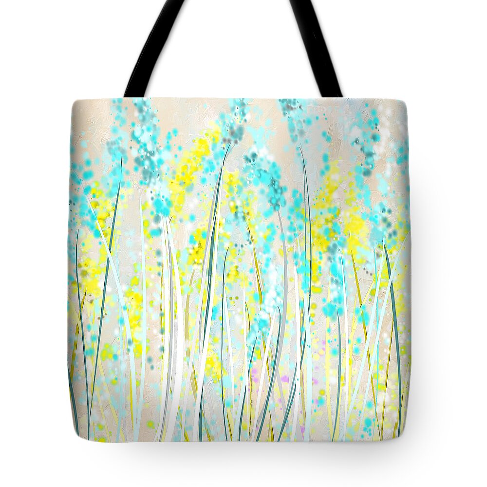 Yellow Tote Bag featuring the painting Indoor Spring- Yellow And Teal Art by Lourry Legarde