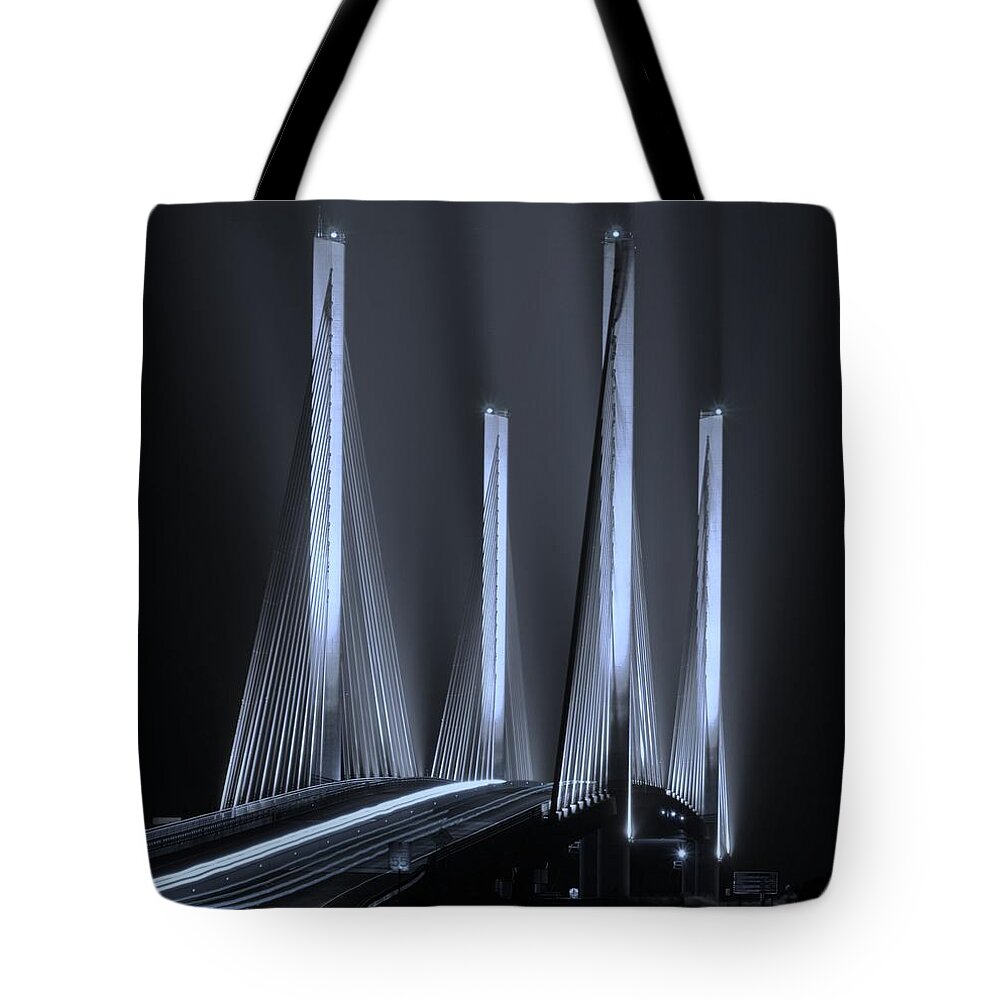 Beach Bum Pics Tote Bag featuring the photograph Inlet Bridge Light Trails in Cyan by Billy Beck