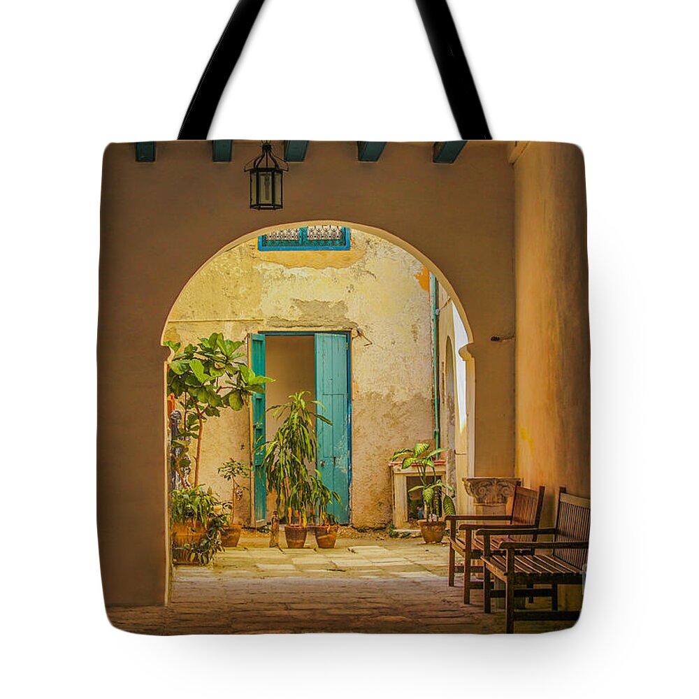 Cuba Tote Bag featuring the photograph Inner courtyard in caribbean house by Patricia Hofmeester