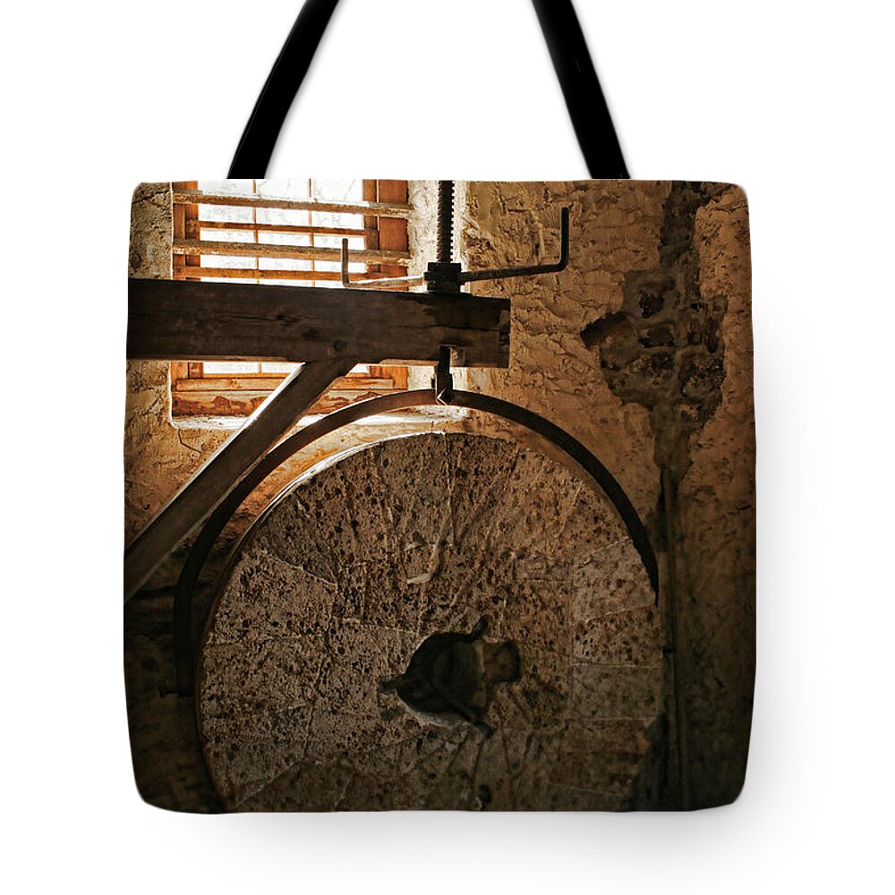 Millstone Tote Bag featuring the photograph Inside the Gristmill by Kristia Adams