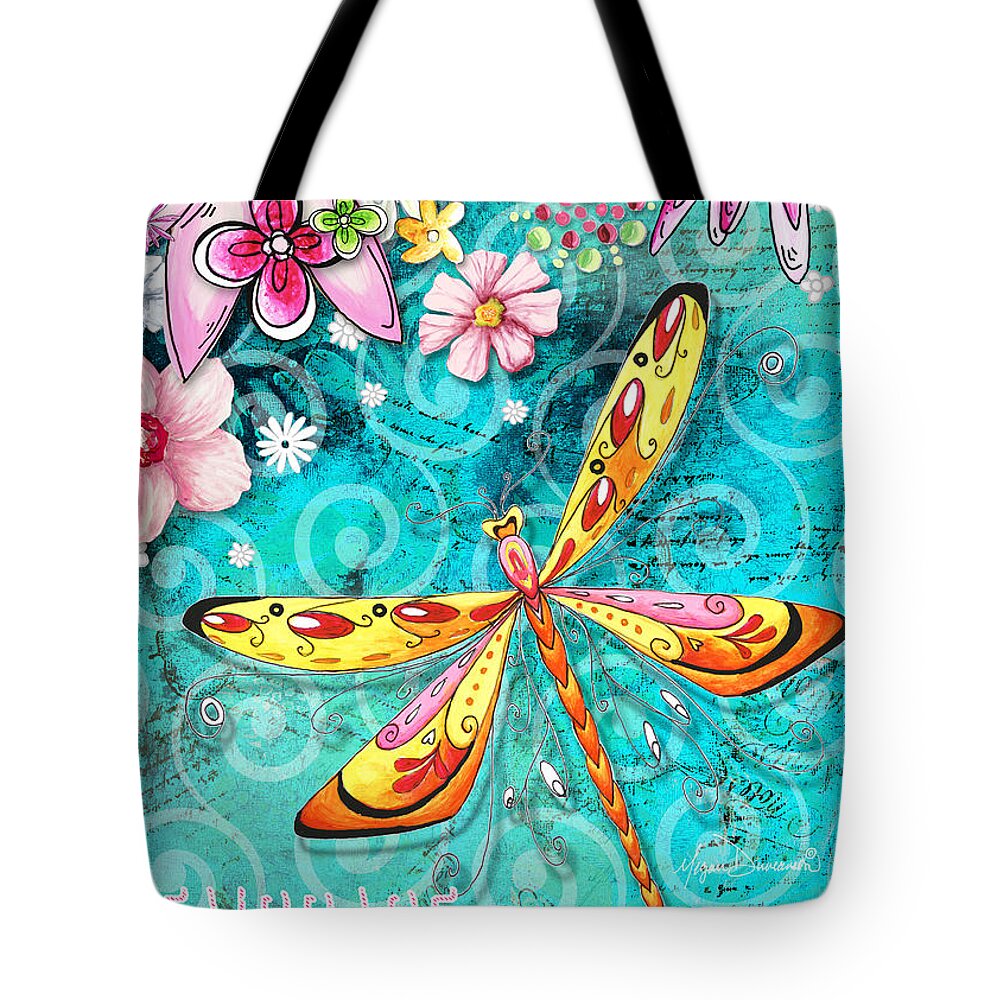 Dragonfly Tote Bag featuring the painting Inspirational Dragonfly Floral Art Inspiring art Quote Embrace Life by Megan Duncanson by Megan Duncanson