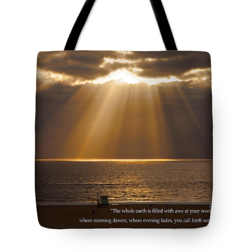 Inspirational Sun Rays Over Calm Ocean Clouds Bible Verse Print Tote Bag featuring the photograph Inspirational Sun Rays Over Calm Ocean Clouds Bible Verse Photograph by Jerry Cowart