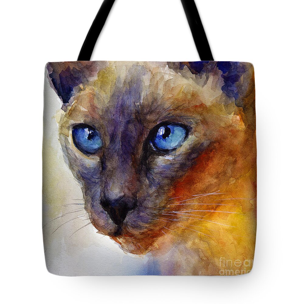 Siamese Cat Art Tote Bag featuring the painting Intense Siamese Cat painting print 2 by Svetlana Novikova