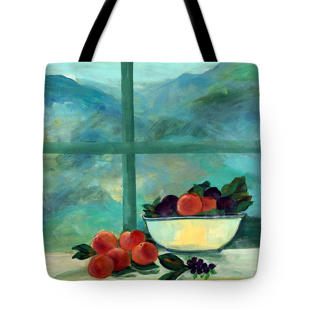 Peaches Tote Bag featuring the photograph Interior With Window And Fruits Oil & Acrylic On Canvas by Marisa Leon