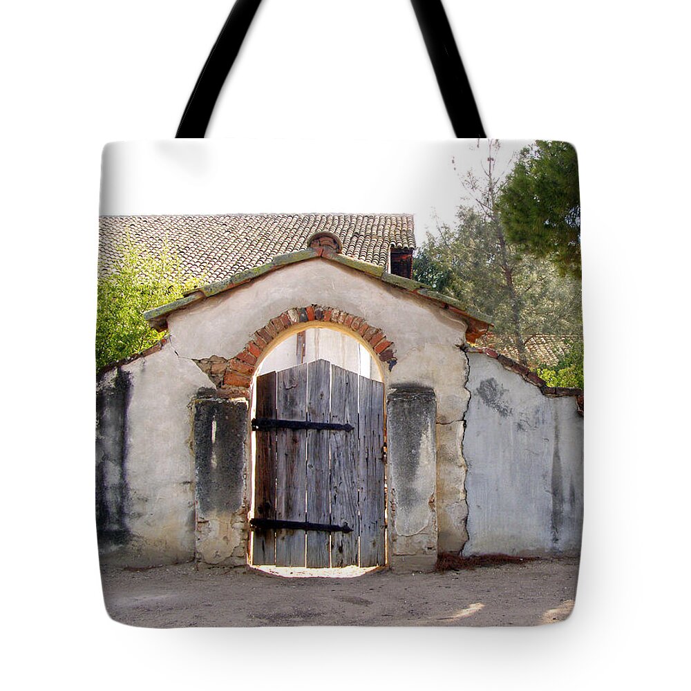 California Missions Tote Bag featuring the photograph Into the Light - Mission San Miguel Archangel, California by Denise Strahm