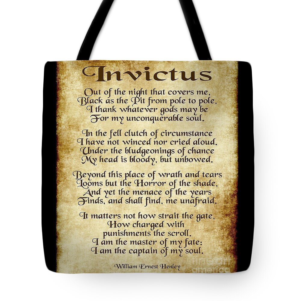 Invictus Tote Bag featuring the digital art Invictus - Old Parchment Design by Ginny Gaura