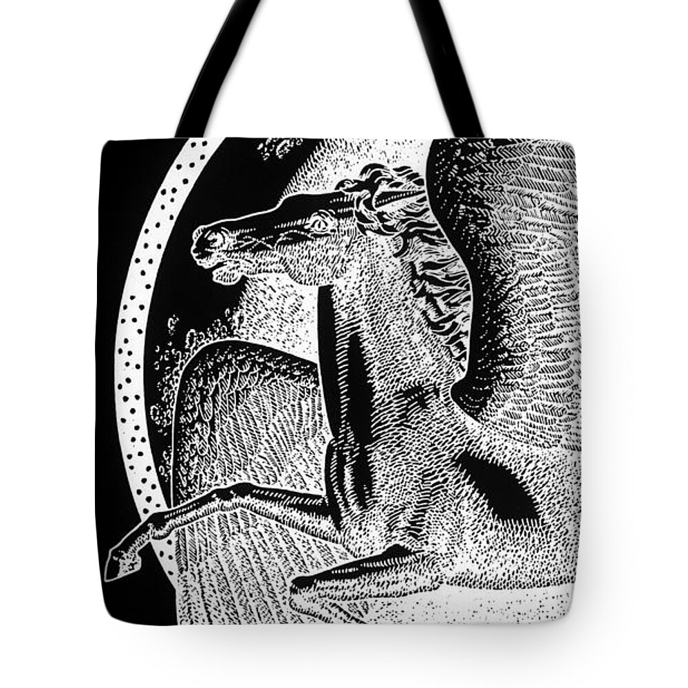 Pegasus Tote Bag featuring the drawing iPhone-Case-Pegasus1 by Gordon Punt