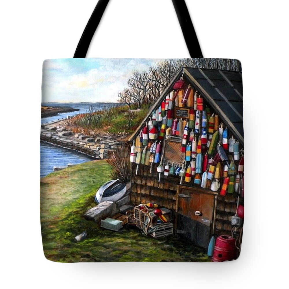Ipswich Bay Tote Bag featuring the painting Ipswich Bay Wooden Buoys by Eileen Patten Oliver