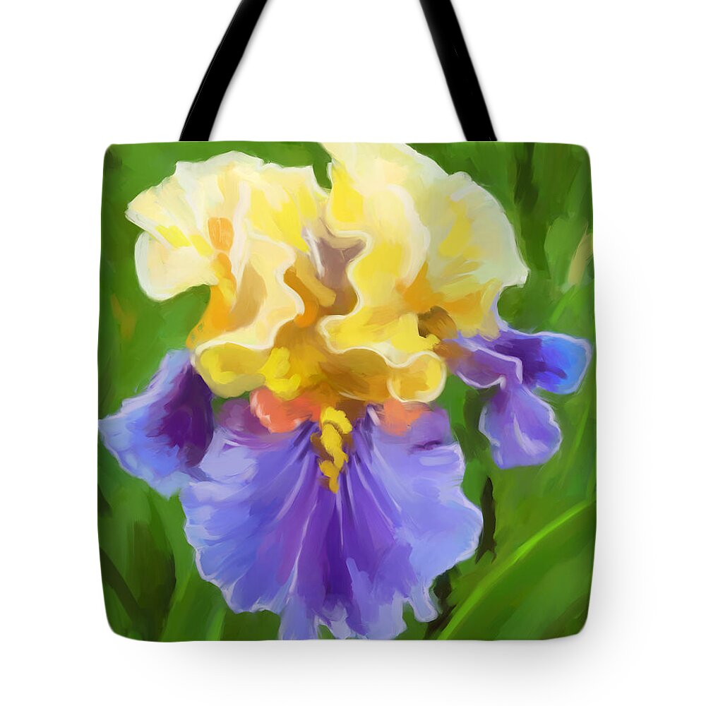 Iris Yellow And Purple Tote Bag featuring the painting Iris-Yellow And Purple by Tim Gilliland
