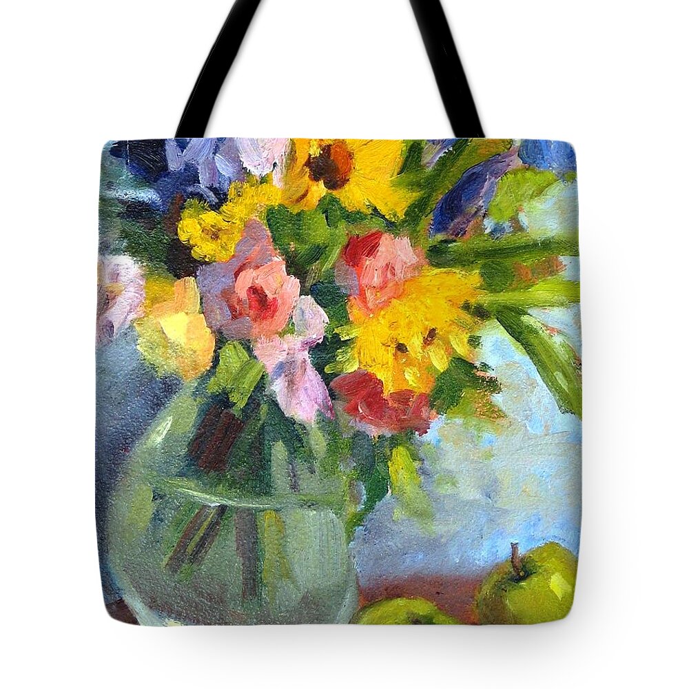 Sunflowers Tote Bag featuring the painting Irises and Apples by Maria Hunt