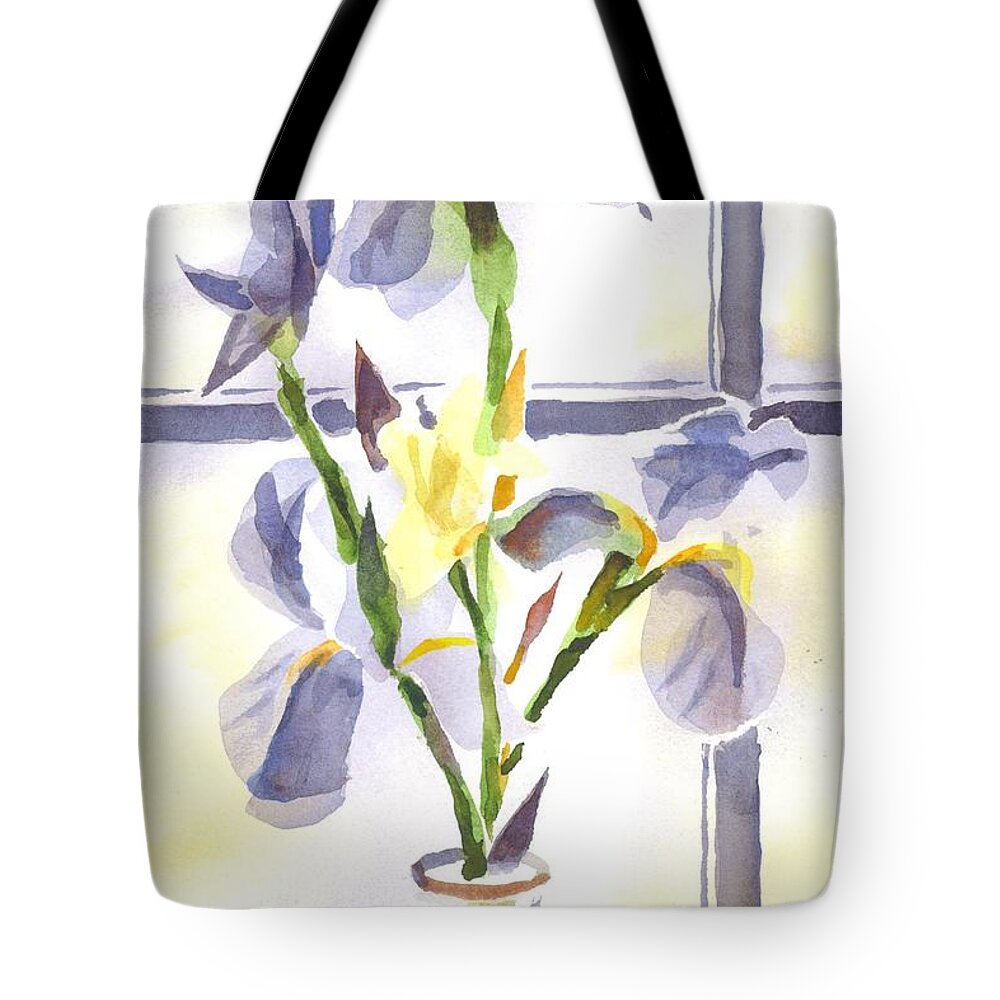 Irises In The Window Ii Tote Bag featuring the painting Irises in the Window II by Kip DeVore