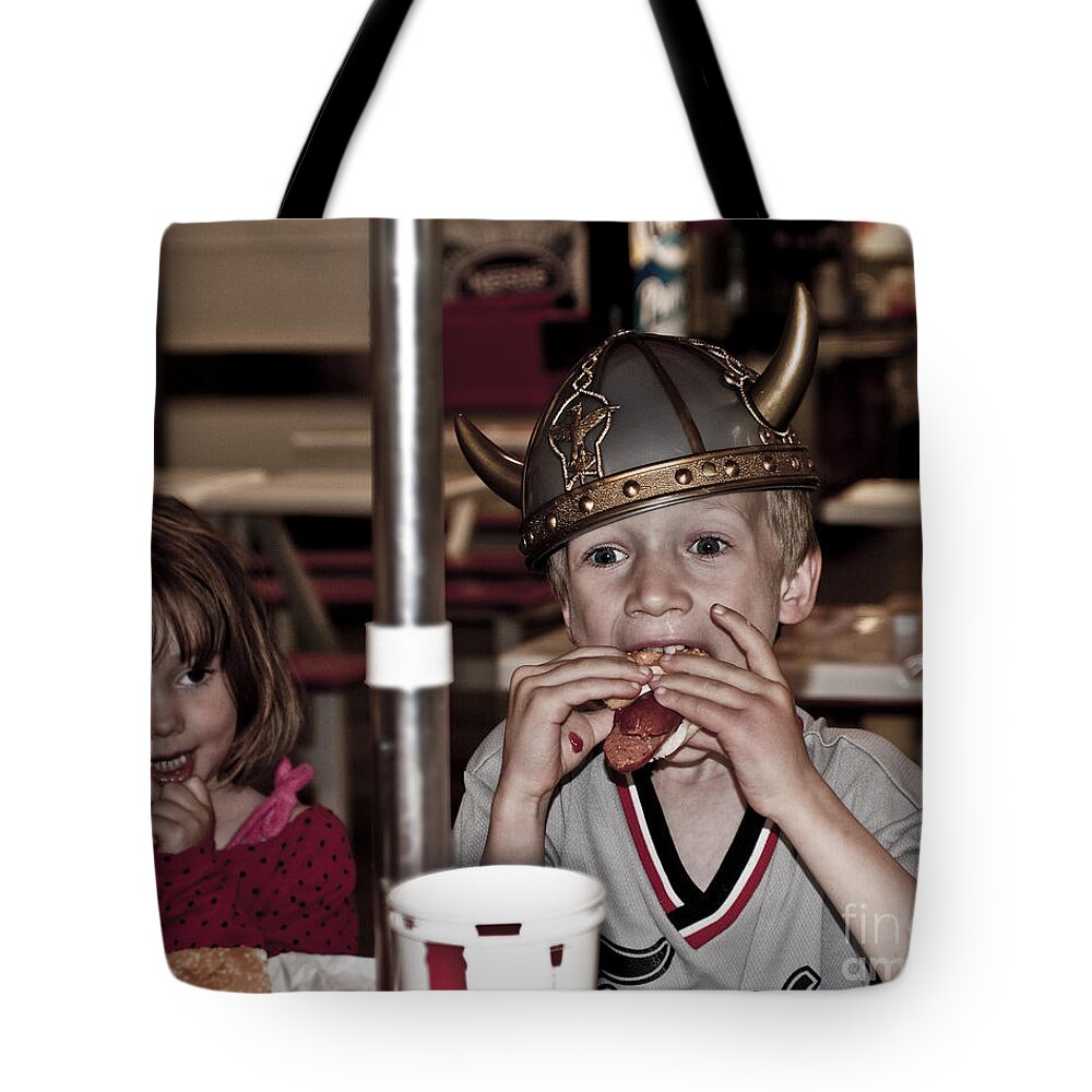 Is She Adoring Her Viking Or Coveting His Lunch Tote Bag featuring the photograph Is She Adoring her Viking or Coveting his Lunch by Sandi Mikuse