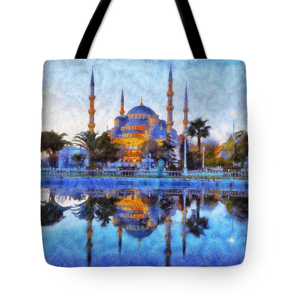 Istanbul Blue Mosque Tote Bag featuring the painting Istanbul Blue Mosque by Lilia S