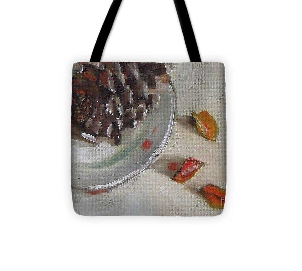 Still Life Tote Bag featuring the painting Pine cone still life on a plate by Mary Hubley
