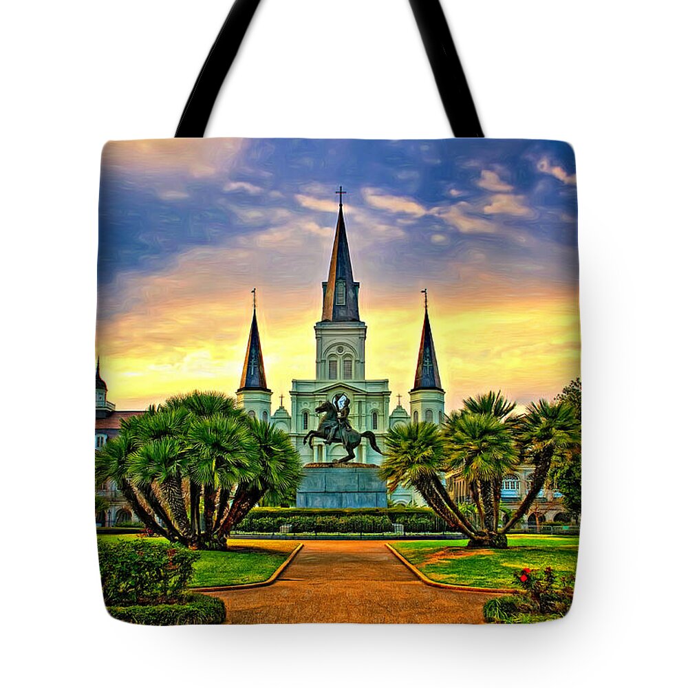 French Quarter Tote Bag featuring the photograph Jackson Square Evening - Paint by Steve Harrington
