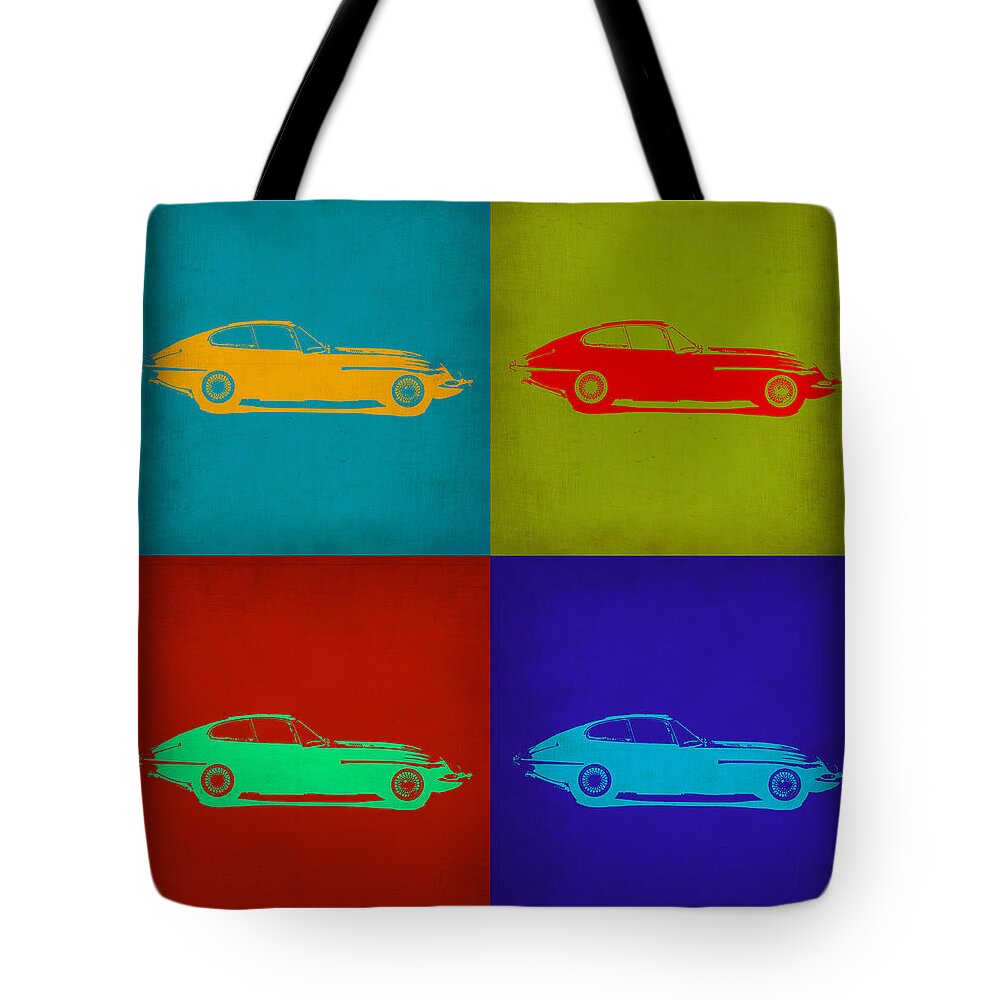 Jaguar E Type Tote Bag featuring the painting Jaguar E Type Pop Art 1 by Naxart Studio