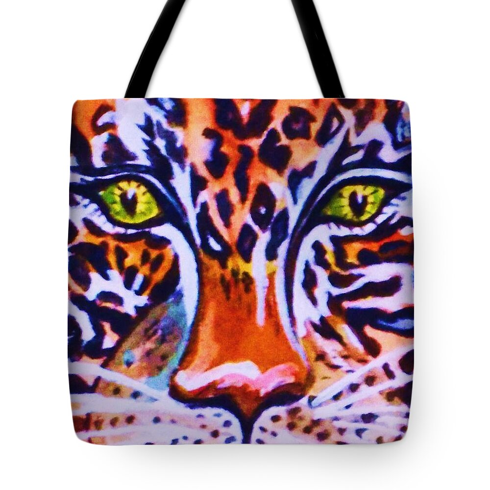 Jaguar Tote Bag featuring the painting Jaguar Eyes- by Ellen Levinson