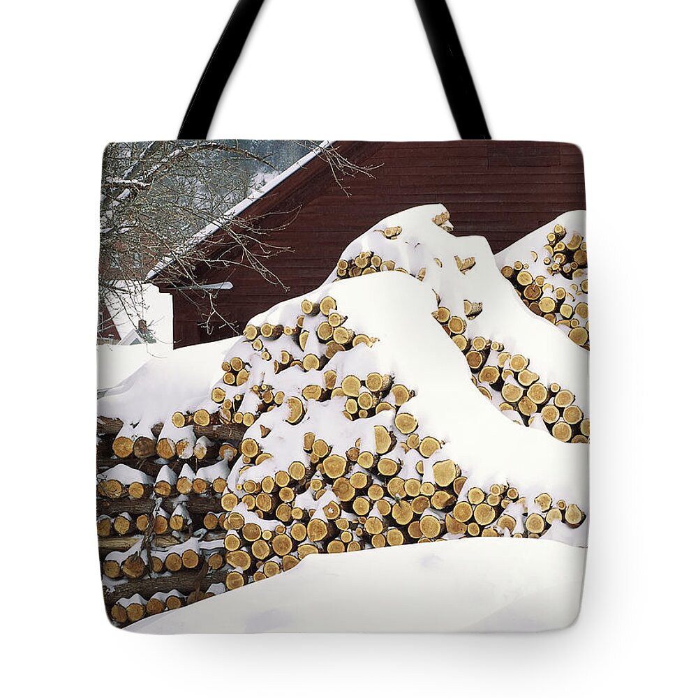 Winter Tote Bag featuring the photograph January Woodpile by Alan L Graham