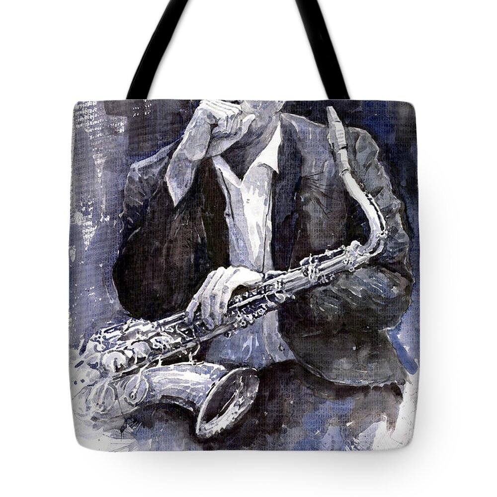 Jazz Tote Bag featuring the painting Jazz Saxophonist John Coltrane black by Yuriy Shevchuk