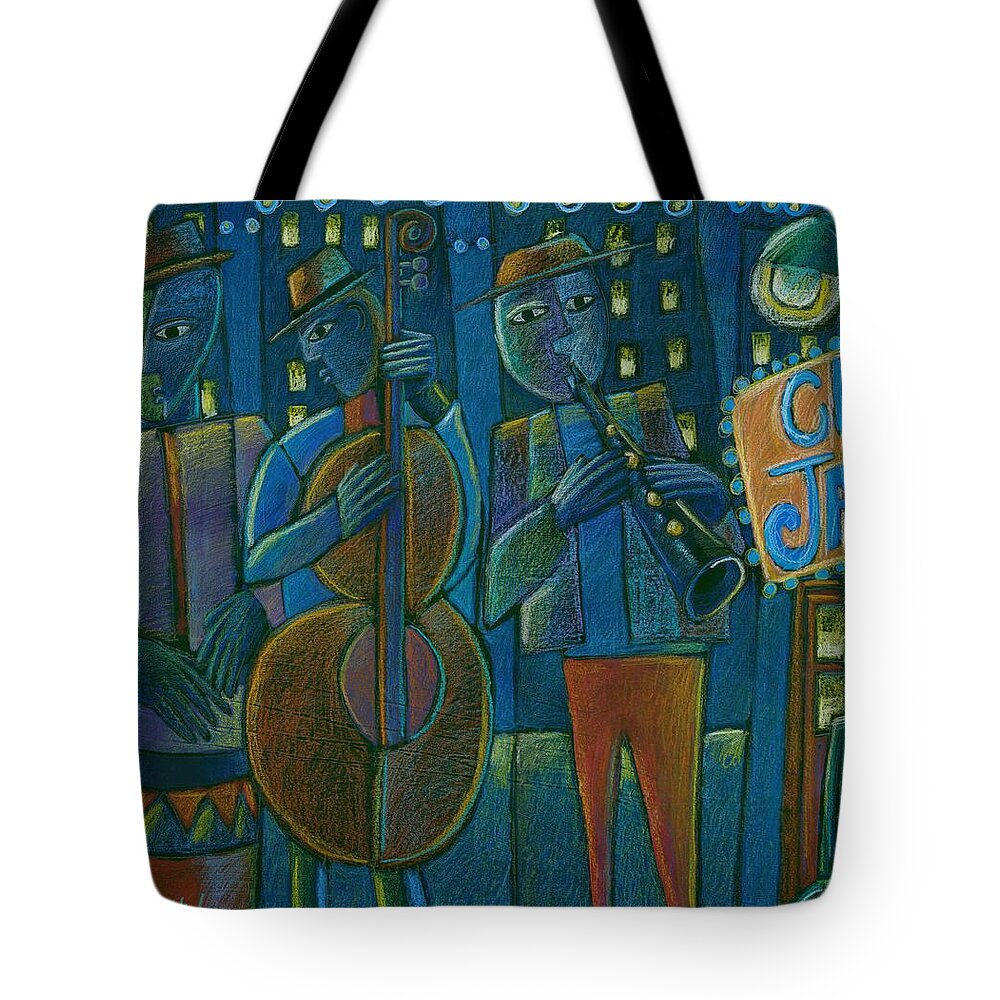 Blue Jazz Tote Bag featuring the mixed media Jazz Time at Club Jazz by Gerry High