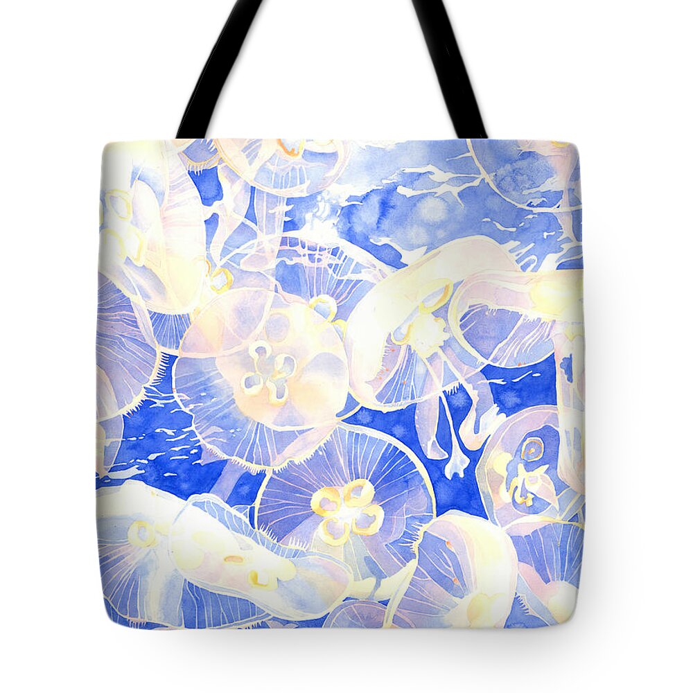 Moon Jellyfish Tote Bag featuring the painting Jellyfish Jubilee by Pauline Walsh Jacobson