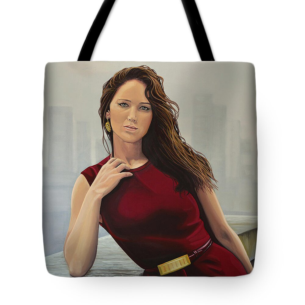 Jennifer Lawrence Tote Bag featuring the painting Jennifer Lawrence Painting by Paul Meijering