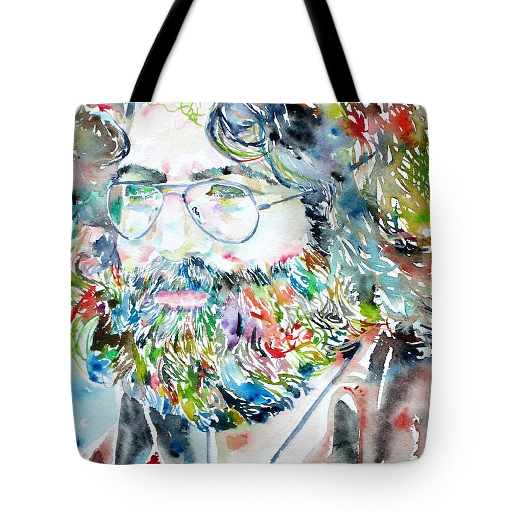 Jerry Tote Bag featuring the painting JERRY GARCIA watercolor portrait.2 by Fabrizio Cassetta