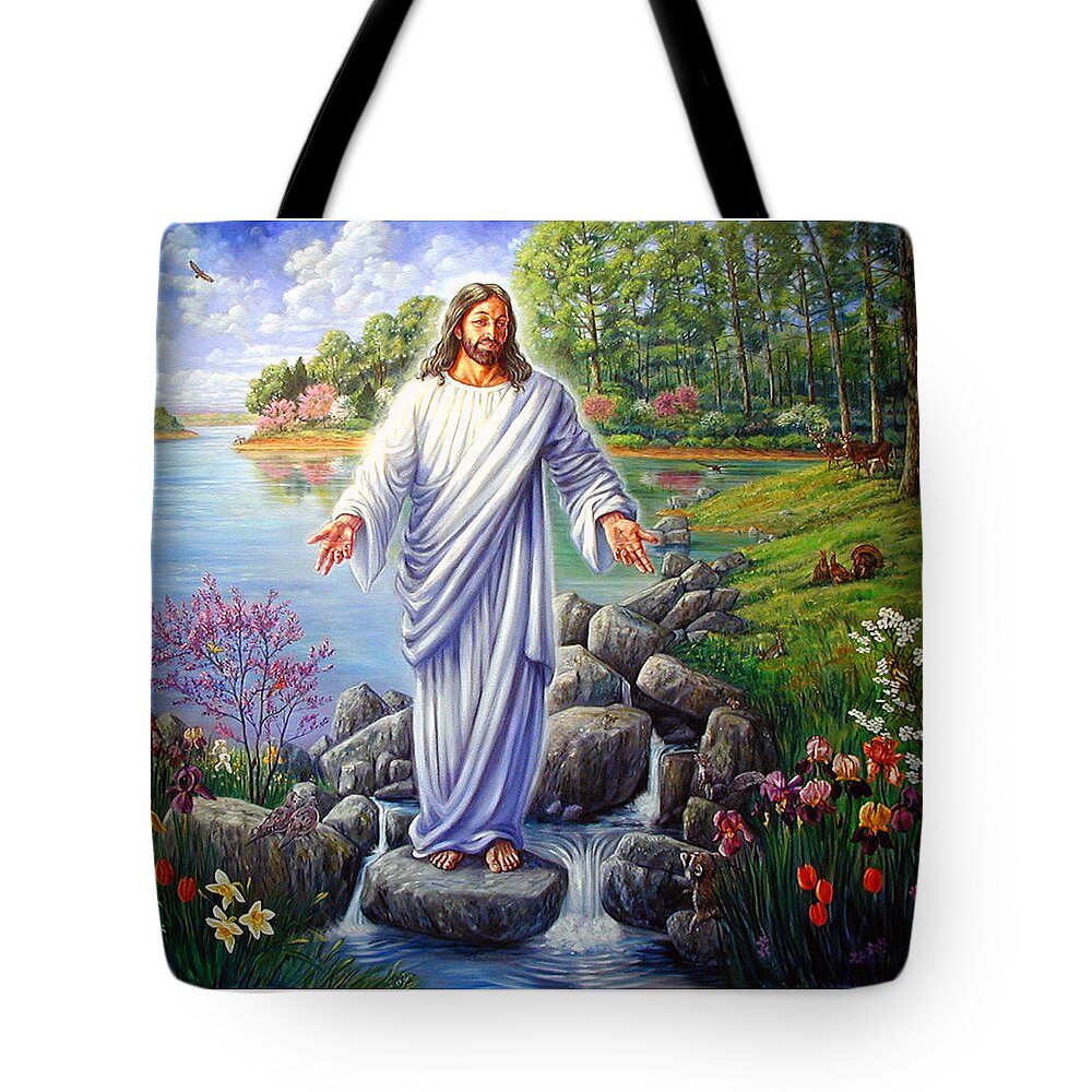 Jesus Tote Bag featuring the painting Jesus in the Ozarks by John Lautermilch