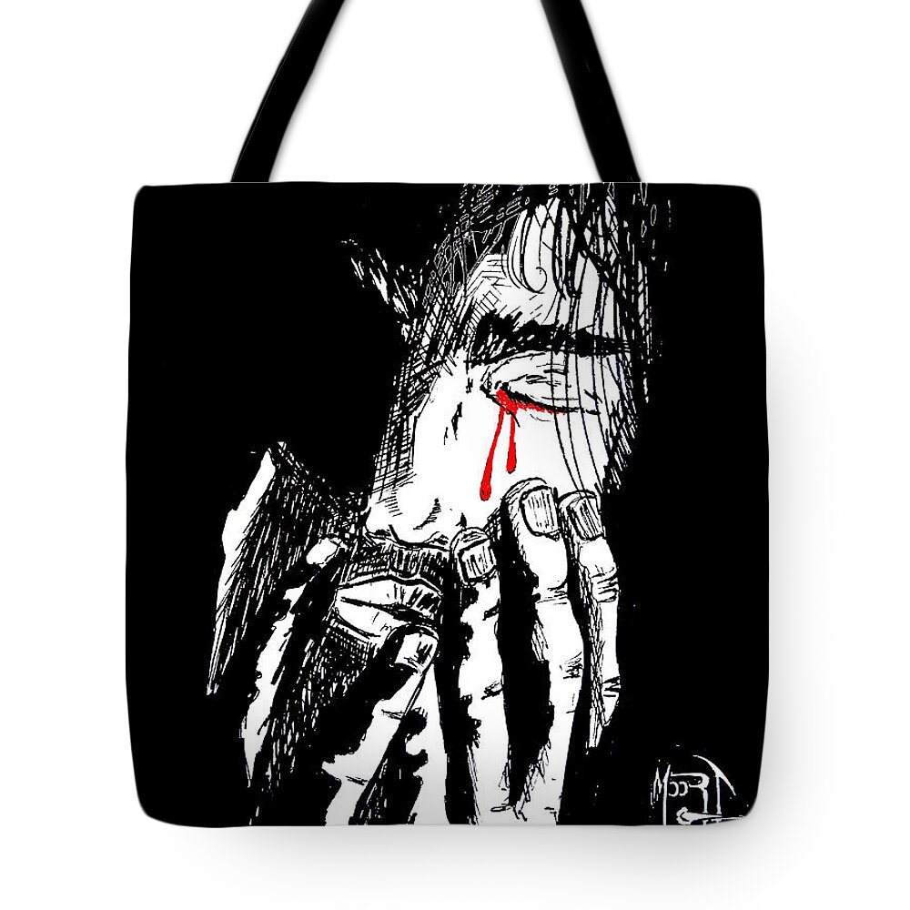 Justin Moore Tote Bag featuring the drawing Jesus Wept Red Tears by Moore Creative Images