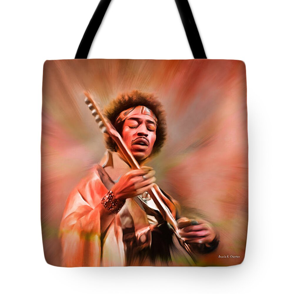 Jimi Hendrix Tote Bag featuring the painting Jimi Hendrix Electrifying Guitar Play by Angela Stanton