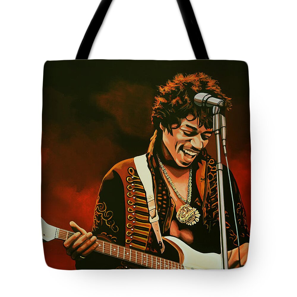 Jimi Hendrix Tote Bag featuring the painting Jimi Hendrix Painting by Paul Meijering