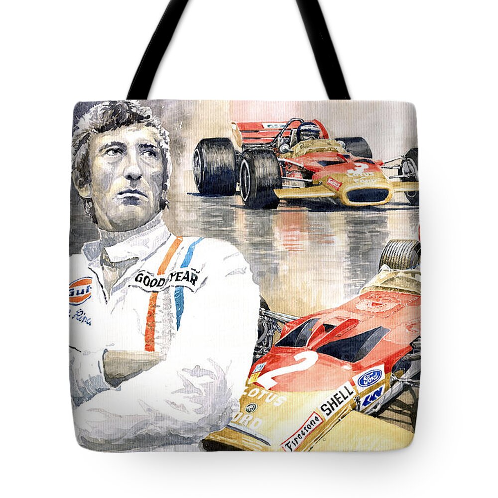Watercolor Tote Bag featuring the painting Jochen Rindt Golden Leaf Team Lotus Lotus 49b Lotus 49c by Yuriy Shevchuk