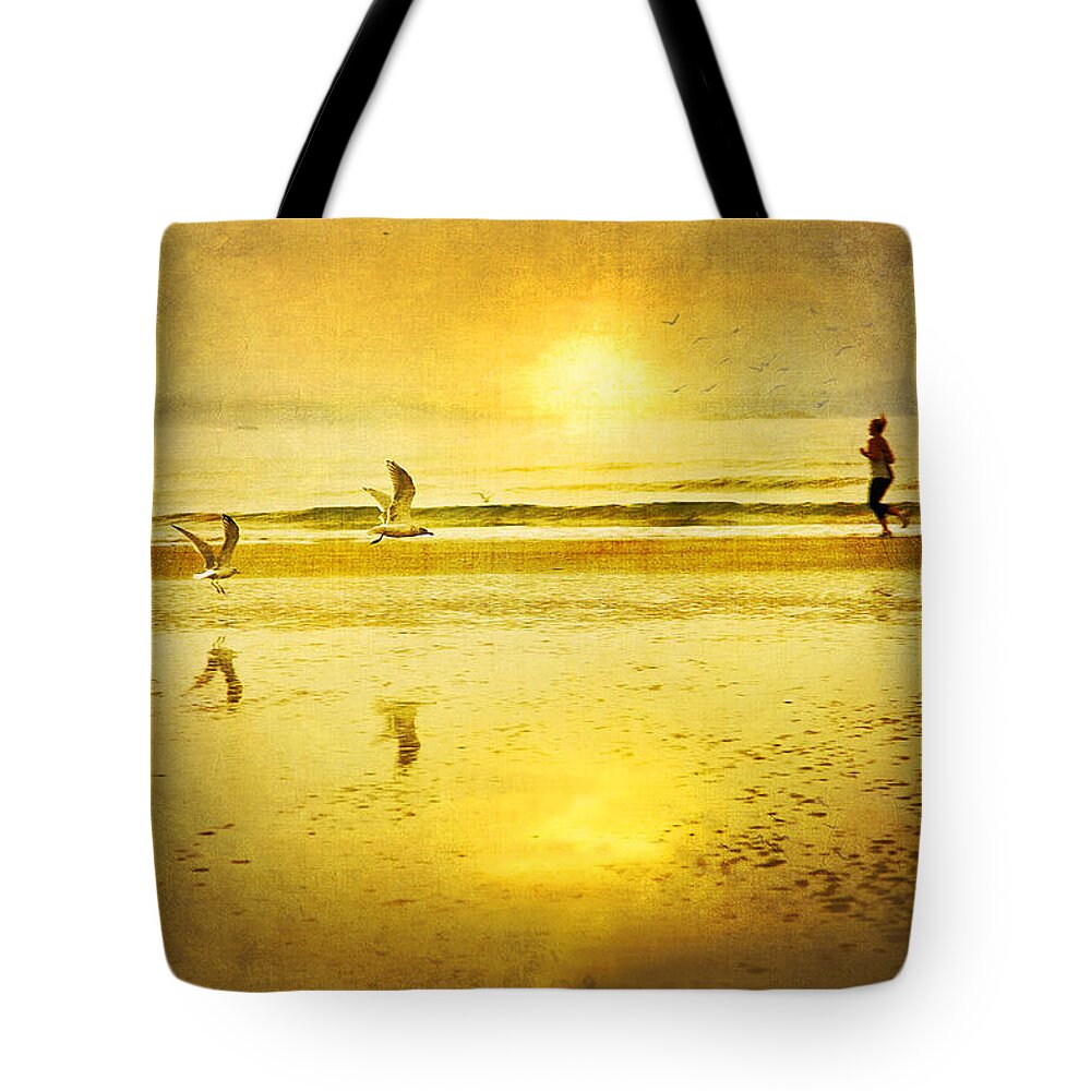 Beach Tote Bag featuring the photograph Jogging On Beach With Gulls by Theresa Tahara